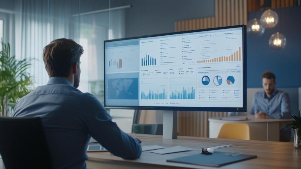 Руководитель оценивает эффективность сотрудников через CRM-аналитику на мониторе.