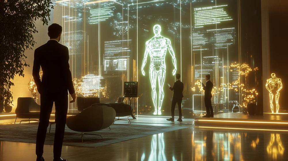 Команда изучает голографическую модель человека в современном офисе